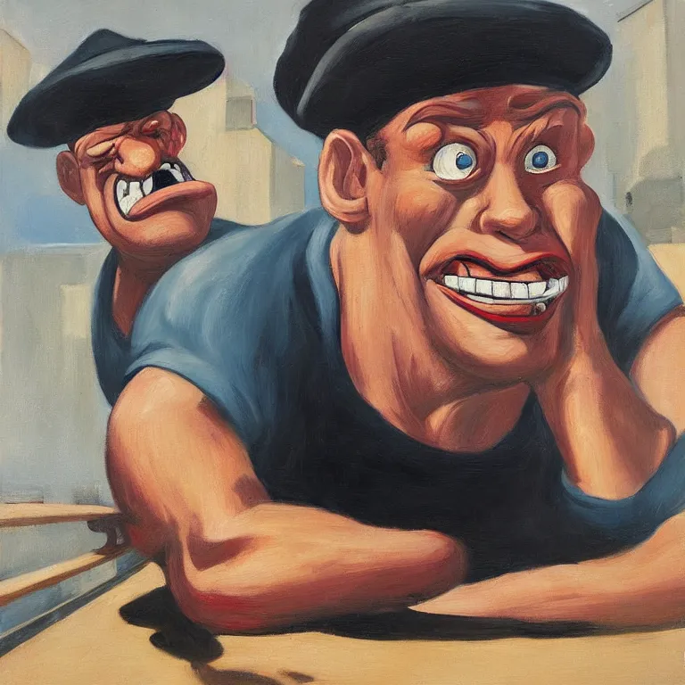 Prompt: Street-art portrait of Popeye the Sailor in style Edward Hopper, photorealism