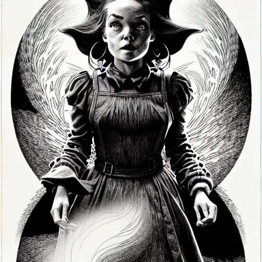 Prompt: medium portrait soft light, by killian eng and joe fenton and martin deschambault and bernie wrightson, inspired by wizard of oz, etching, fine, sharp high detail,