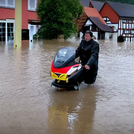 Prompt: Jerma985 visiting a small german town that is being flooded, movie screenshot, dramatic scene