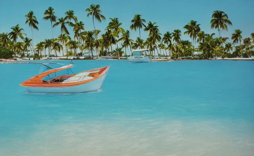 Image similar to photorealistic picture of a sport boat. turquoise water. miami. 8 0's style