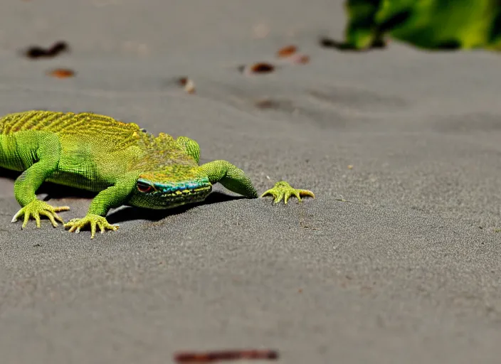 Prompt: a lizard out in the beach while looking into a sliced melon in front of it