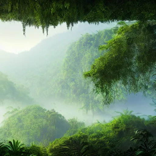 Prompt: A jungle forest in a panoramic view, 8k, cinematic perspective, hazy, Detailed, atmospheric, foggy, rivers, artstation