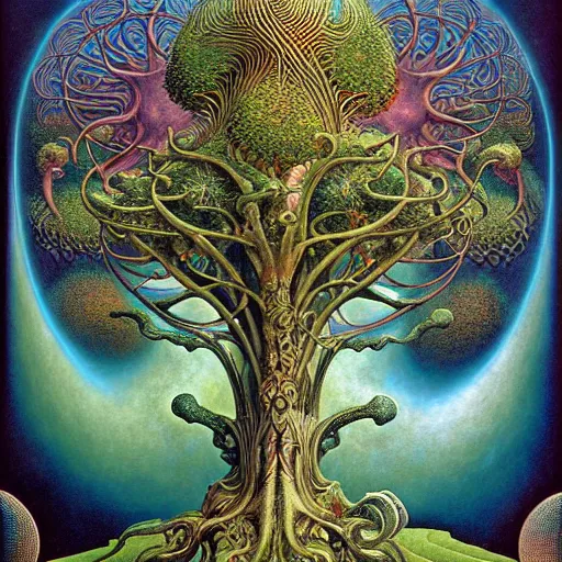 Prompt: divine chaos engine by roger dean and andrew ferez, tree of life, symbolist, visionary, art forms of nature by ernst haeckel, art nouveau, botanical fractal structures, surreality, detailed, realistic