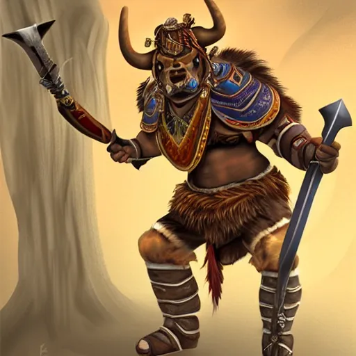 Image similar to A Tauren warrior wielding a two handed sword, digital painting, detailed, realism