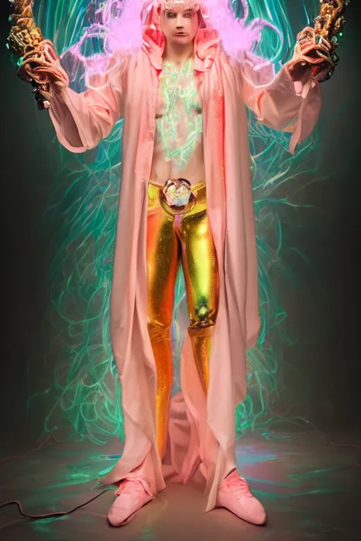 Image similar to full-body rococo and cyberpunk delicate neon crystalline sculpture of ((young muscular golden albino Colombian prince)) as an iridescent humanoid deity wearing ((peach plastic hooded cloak)) (holding a human skull) in a white castle dungeon, reclining, glowing pink face, crown of (pink lasers), large blue diamonds, swirling black silk fabric. futuristic elements. oozing glowing liquid, full-length view. space robots. intricate artwork by caravaggio. Trending on artstation, octane render, cinematic lighting from the right, hyper realism, octane render, 8k, depth of field, 3D