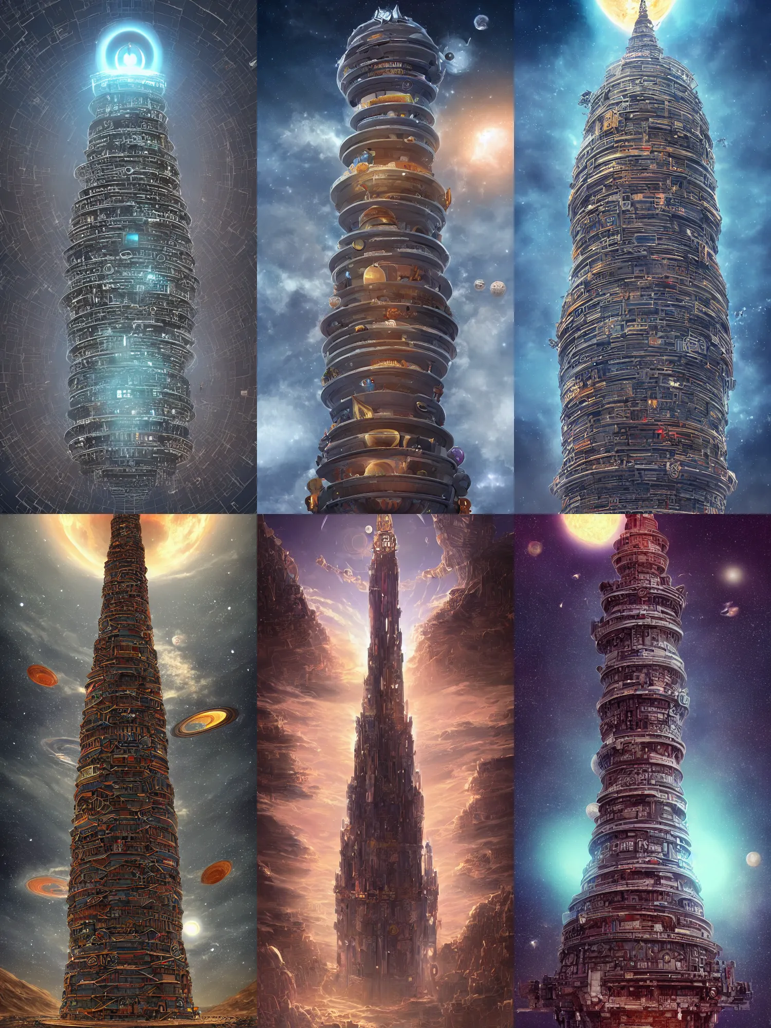 Prompt: the infinite tower that represents every culture and architecture in the universe, planets in the background, award-winning digital art on Pixiv, trending on Artstation