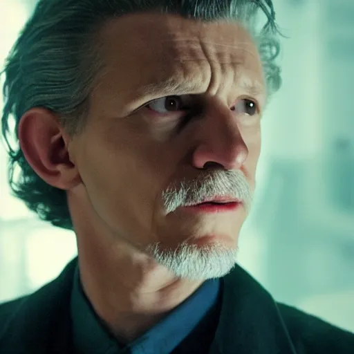 Image similar to tom holland as a rough dirty old man with a scruffy beard in a dark blue trenchcoat as the new doctor who, cinematic, volumetric lighting, f 8 aperture, cinematic eastman 5 3 8 4 film, photorealistic