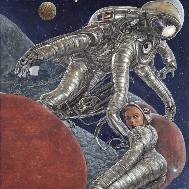 Image similar to painting by wayne barlow and carlo crivelli, a woman in a skintight silver shining spacesuit riding on the back of a giant alien crab on a dramatic red rocky planet