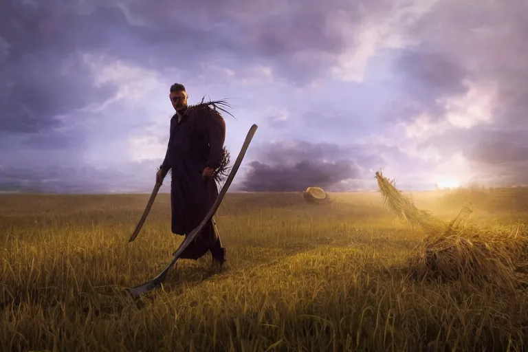 Image similar to concept art, a stage, man with scythe, mowing of the hay, traditional romanian clothing, dramatic lighting, beautiful, volumetric lighting, colorful, octane render