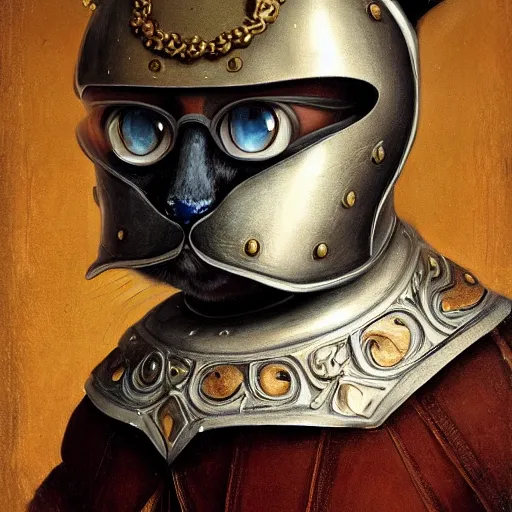 Image similar to renaissance portrait painting of a cat in a suit of armor, artstation, highly detailed