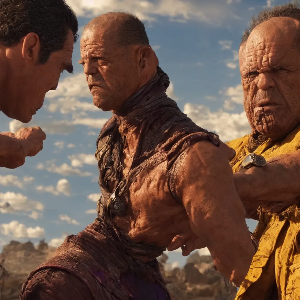 Image similar to Tuco Salamanca facing off against Thanos, epic 4K cinematic shot