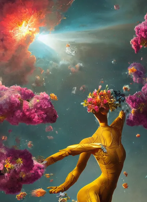 Image similar to An epic fantastic realism comic book style painting of the most beautiful flowers launched into space, bouquets, glorious galactic collision, sharp focus, fisheye, unreal 5, DAZ, hyperrealistic, octane render, dynamic lighting