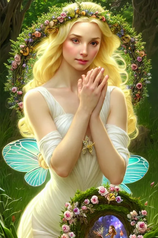 Image similar to beautiful blonde woman in the image of a fairy - tale princess in the garden with a wreath in her hands, deep focus, d & d, fantasy, complex, elegant, highly detailed, digital painting, artstation, concept art, matte, clear focus, illustration, hearthstone, works by artgerm and greg rutkowski and alphonse mucha