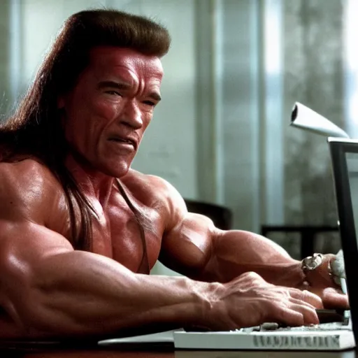Prompt: arnold schwarzenegger as conan the barbarian sitting at a desk and working at a computer, angry, frustrated at his laptop screen, laptop trouble, technical difficulties, software error, crisp lighting, studio lighting