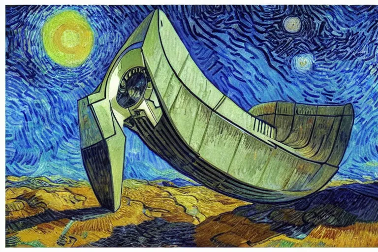 Image similar to brutalism spaceship near jupiter as painted by van gogh, detailed, wet brush, poster art