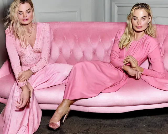 Prompt: margot robbie wearing a pink dress and leaning on a sofa, cinematic, detailed face, highly detailed, award winning photograph