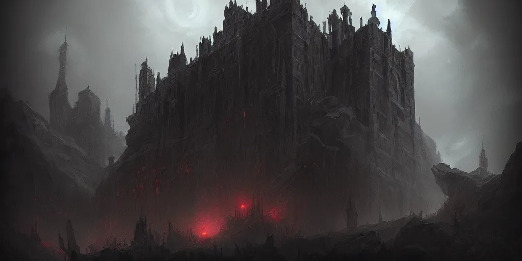 Image similar to grimdark fantasy fortress, terrifying, looming, dark, fog, artstation