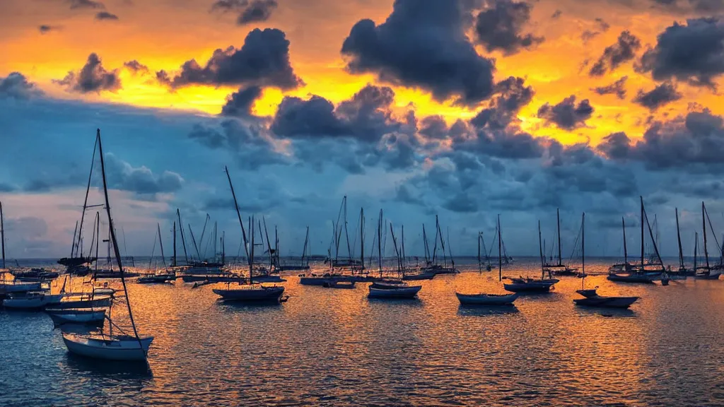 Image similar to sunset on caraibes, some boats, a few birds in the sky, sharp focus, photography 35 mm lens, paisible night lighting, incredible art photo shot