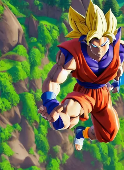 Image similar to game still of a sayan goku as a fortnite skin in fortnite by fortnite, pose.