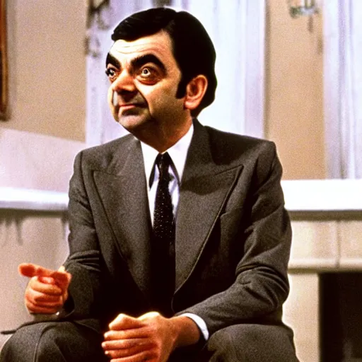 Prompt: Rowan Atkinson playing Mr Bean in the seminal scene from the oscar-winning movie The Godfather (1972)