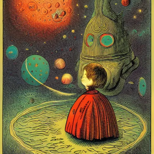 Prompt: Liminal space in outer space by John Tenniel, colorized