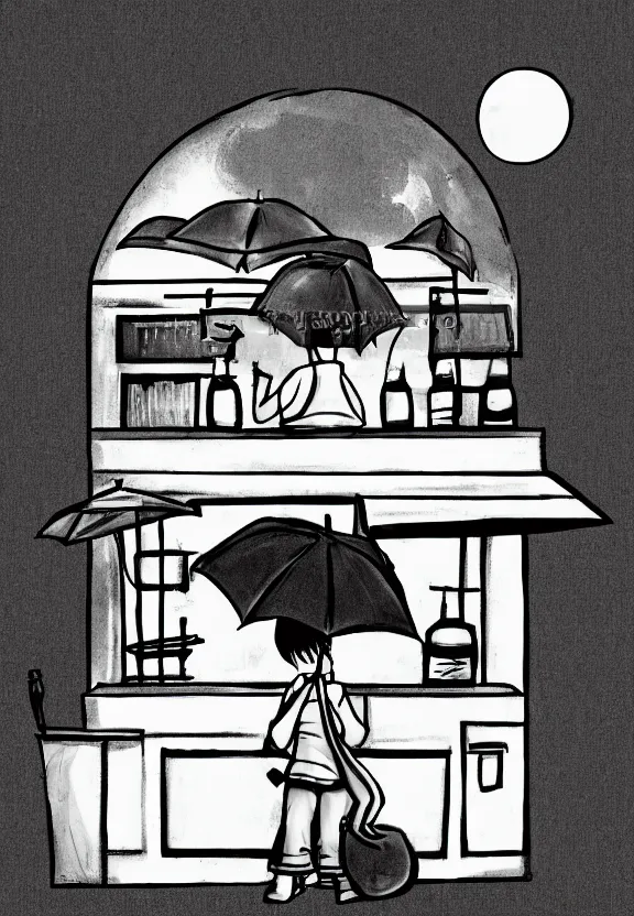 Image similar to little boy holding an umbrella in front of a bar at night, full moon, anime style, minimalist, black and white artwork,