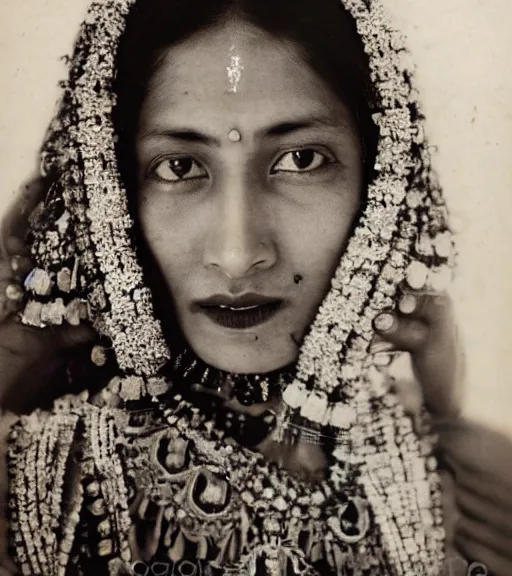 Prompt: vintage_closeup portrait_photo_of_a_stunningly beautiful_nepalese_woman with amazing shiny eyes, 19th century, hyper detailed by Annie Leibovitz