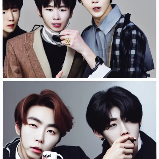 Prompt: a cup of coffee part 4 featuring johnny suh, mark lee, jung jaehyun, ten lee, and kim doyoung, all from the group nct, neo culture technology, art by gogos basil
