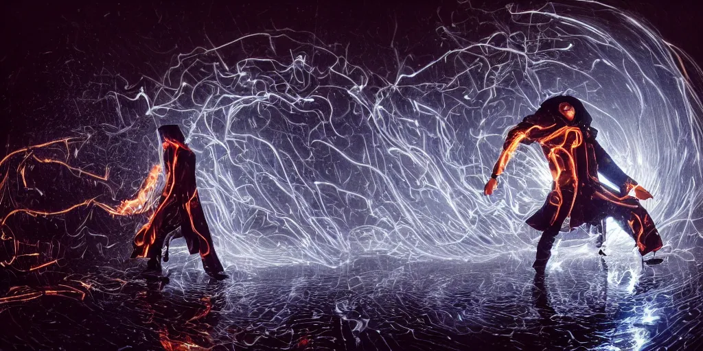 Image similar to VHS music video fisheye slow motion with lines of fire and smoke effect of futuristic break dancer wearing long dark cloak and golden helmet emitting fire and crystals, long exposure shot , enigmatic, at night half submerged by water, paddle of water, steam, fog, water splashes, rim lights, glossy reflections, water droplets on lens, octane render, Volumetric dynamic lighting, stunning cover magazine, high details, hajime sorayama