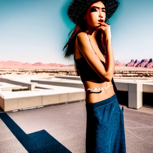 Image similar to photographic portrait of a streetwear woman, closeup, on the rooftop of a futuristic city overlooking a desert oasis, sigma 85mm f/1.4, 4k, depth of field, high resolution, 4k, 8k, hd, full color