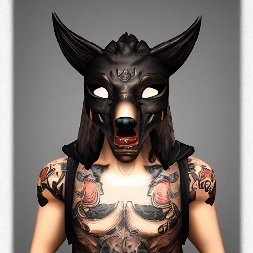 Prompt: a young male wearing a kitsune mask, his body is covered in tattoos, unreal engine 5, realistic, intricate