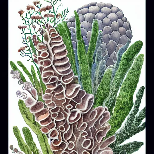 Image similar to delicate coast sea garden on paper, spirals, stony, puffy, vines, botanical herbarium, botanic watercolors, iridescent, 8 k wide angle, realistic shaded, fine details, artstation, italian, rainbow, colonnade, oak, pinecone, pomegranade, vines, gardena architecture, pompeian, sicilian