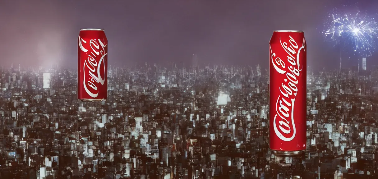 Image similar to A beautiful wide shot of an enormous anthropomorphic can of Coca-Cola that is rampaging, destroying the night city of Tokyo, cinematic, anamorphic 35 mm lens, cinematic, anamorphic lens flares 4k