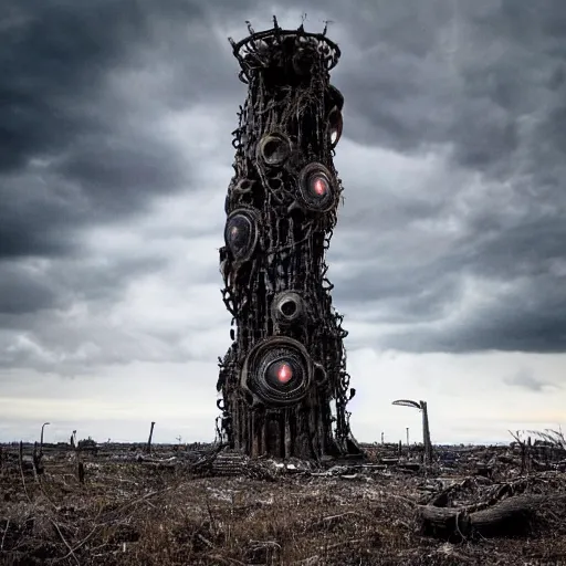 Image similar to giant evil bio-organic fleshy complex machine tower with tendrils and one eyeball at the top looking over a stormy post-apocalyptic wasteland, dystopian art