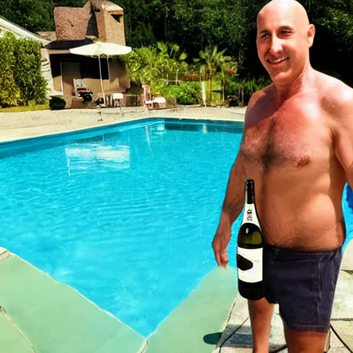 Prompt: bald emilio estevez standing in the water of a pool next to a house with a bottle of champain in the hands