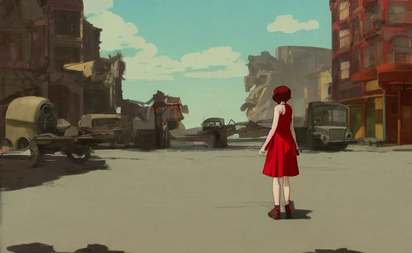 Image similar to a girl with a red skirt on the background of a ruined city, early morning, dieselpunk, by Studio Ghibli and Edward Hopper