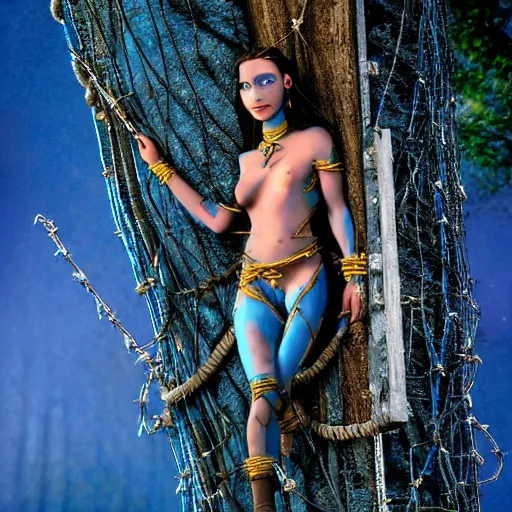 Image similar to a blue - skinned female navi from avatar wrapped in barbed wire suspended in the air between two trees, cosplay, body paint, high resolution film still, hdr color, movie by james cameron