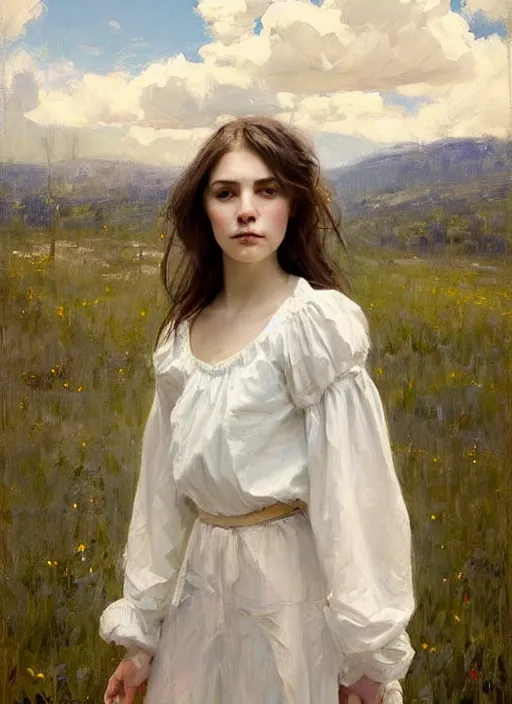 Image similar to portrait of girl dressed in white clothes , countryside, fantasy character portrait, dynamic pose, above view, view from above, sunny day, thunder clouds in the sky, artwork by Jeremy Lipkin and Giuseppe Dangelico Pino and Michael Garmash and rob rey, very coherent symmetrical artwork, perfect face, simple form, 100mm