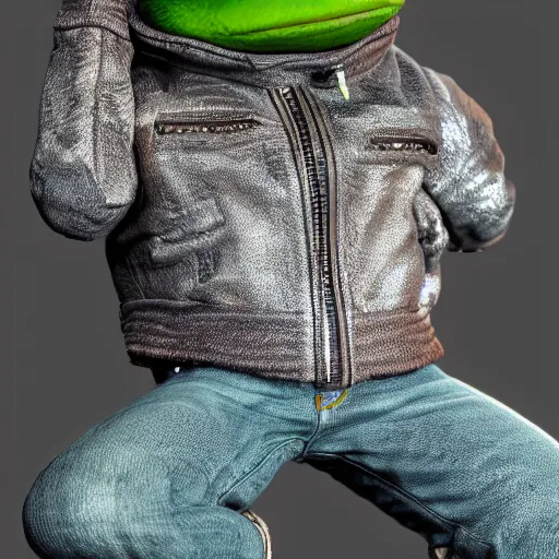 Image similar to perfectly accurate miniature figure of pepe the frog wearing jeans and a black leather jacket, soft textures, skin texture, clothing, 3d sculpture, textured, fine detail, lifelike, photo, high resolution, octane render, post processing, after effects, trending on artstation