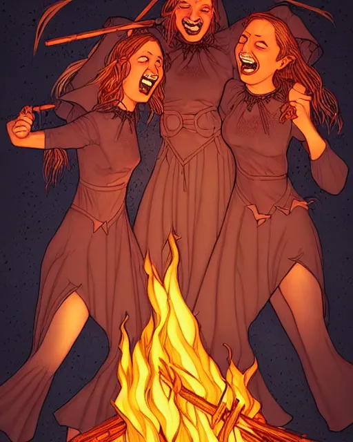 Prompt: fantasy comic cover art of a ( ( trio of witches ) ) laughing and dancing around a bonfire, detailed faces, illustration by jenny frison and sana takeda, intricate details, stunning inking lines, stunning gradient colors, 4 k, hd, artstation, award winning