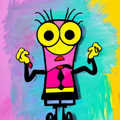 Image similar to spongebob squarepants cartoon character holding a kitchen knife, childish crayon art