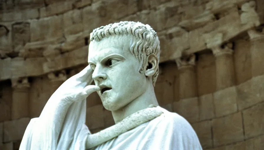 Image similar to 1 9 6 0 s movie still close - up of caligula in a white toga heavy bleed on ancient amphitheater, cinestill 8 0 0 t 3 5 mm, high quality, heavy grain, high detail, dramatic light, anamorphic