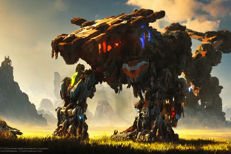 Image similar to tremortusk machine mecha animal beast robot of horizon forbidden west horizon zero dawn bioluminiscence global illumination ray tracing hdr fanart arstation by sung choi and eric pfeiffer and gabriel garza and casper konefal