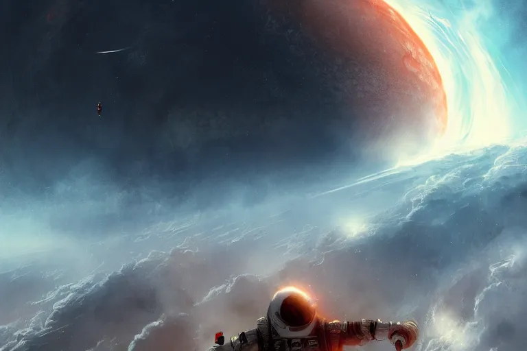 Image similar to burning!! astronaut!! falling through the majestic clouds of jupiter!!, by cedric peyravernay, highly detailed, excellent composition, cinematic concept art, dramatic lighting, trending on artstation