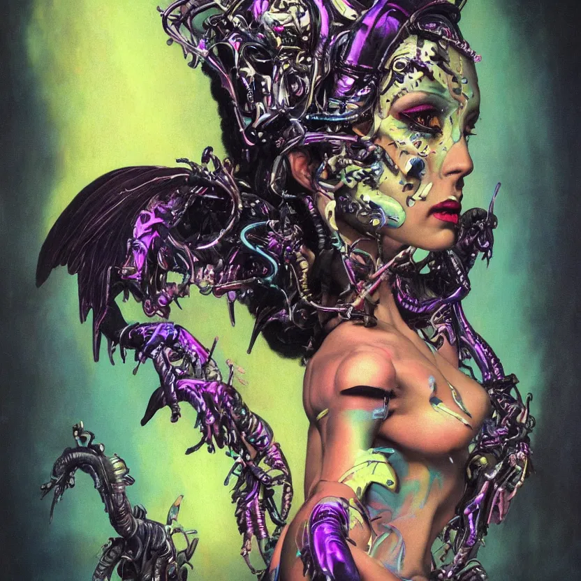 Prompt: a baroque neoclassicist close - up portrait of a colorful retrofuturistic blacklight uv cyborg alien fairy goddess with tribal facepaint and iridescent wings. glowing fog in the background. renaissance portrait painting. highly detailed science fiction painting by norman rockwell, frank frazetta, and syd mead. rich colors, high contrast, gloomy atmosphere, dark background. trending on artstation