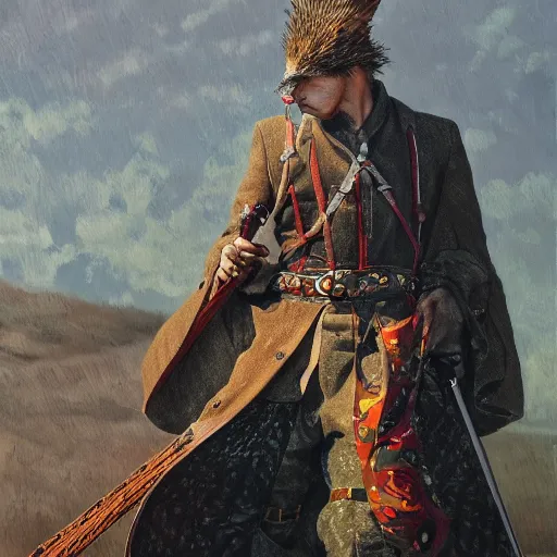 Image similar to a pheasant is girded with a belt, a sword hangs on the belt, by lily seika jones , rivuletpaper art, top cinematic lighting, cinematic mood, very detailed, shot in canon, by Viktor Vasnetsov, oil painting, harsh fairy tale, soft style, hyperrealism, beautiful, high resolution, trending on artstation,