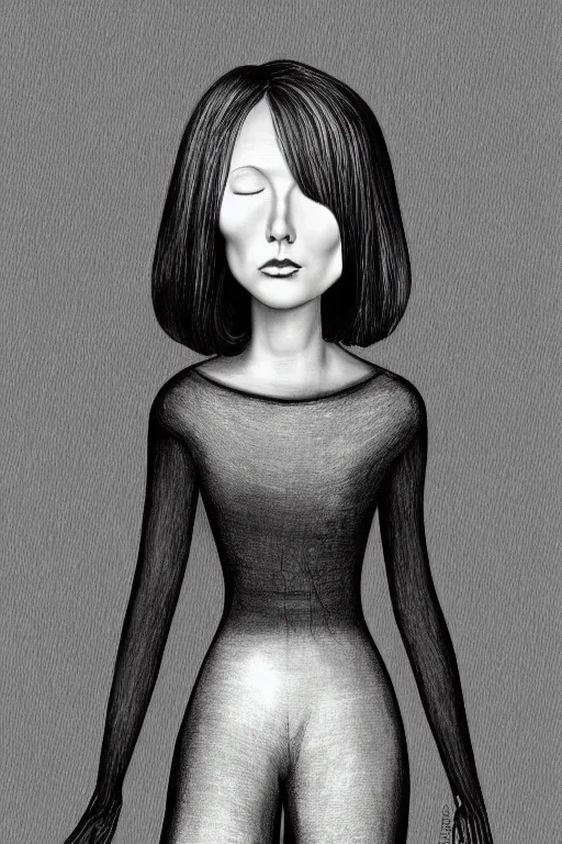 Image similar to portrait of a girl in long pants and a top, hands in pockets, eyes closed, bob haircut, digital art, black and white, illustration by giger