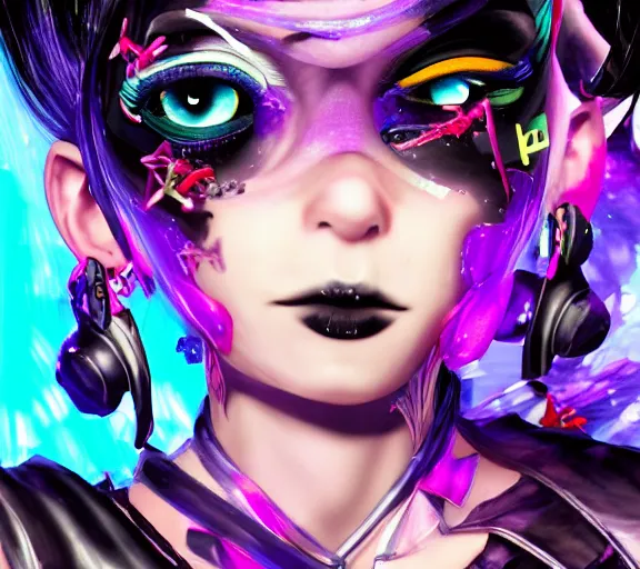 Prompt: very beautiful maximalist closeup portrait painting of a black bobcut hair style industrial goth magical girl in a blend of manga - style art, augmented with vibrant composition and color, all filtered through a cybernetic lens, by hiroyuki mitsume - takahashi and pixar, unreal 5, daz, hyperrealistic, octane render, dynamic lighting, flashy modern background