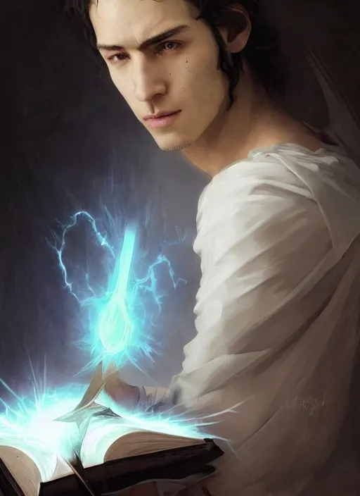 Image similar to character concept portrait of an attractive young Spanish wizard with white skin conjuring a hurricane spell, a floating iridescent spell book in the center, intricate, elegant, digital painting, concept art, smooth, sharp focus, illustration, from Metal Gear, by Ruan Jia and Mandy Jurgens and William-Adolphe Bouguereau, Artgerm