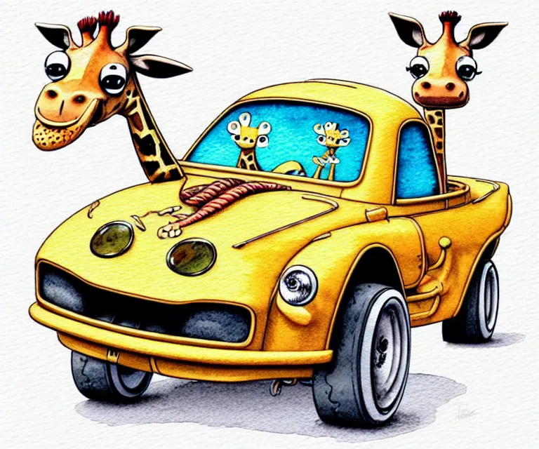 Image similar to cute and funny, giraffe wearing a helmet riding in a tiny hot rod with oversized engine, ratfink style by ed roth, centered award winning watercolor pen illustration, isometric illustration by chihiro iwasaki, edited by range murata, tiny details by artgerm and watercolor girl, symmetrically isometrically centered